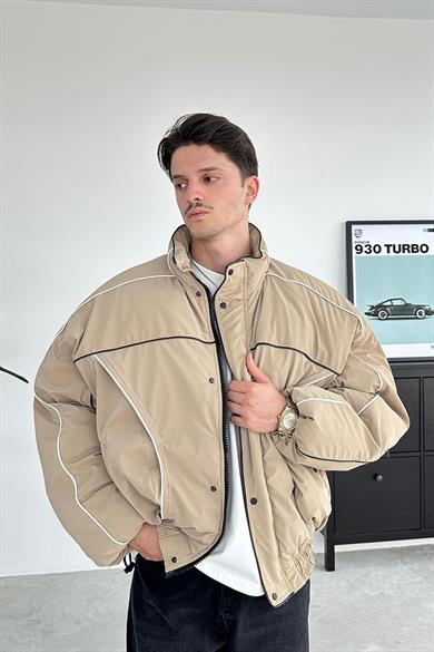 Bej Tasarım Şerit Detay Oversize Şişme Mont