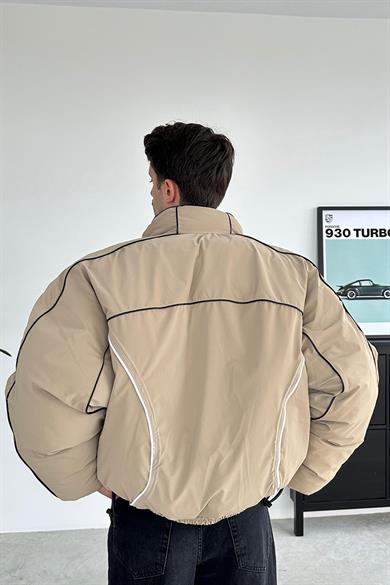 Bej Tasarım Şerit Detay Oversize Şişme Mont