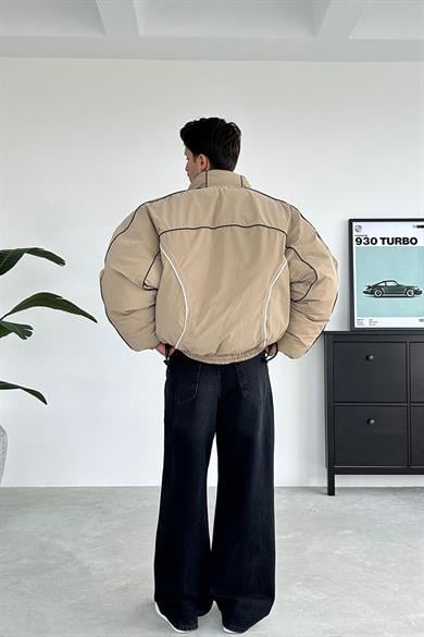 Bej Tasarım Şerit Detay Oversize Şişme Mont