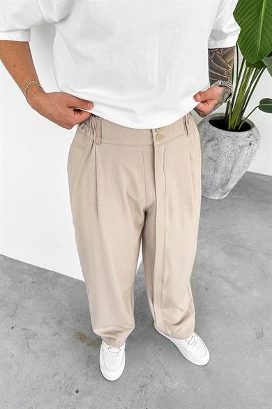 Bej Yüksek Bel Premium Kumaş Baggy Pantolon