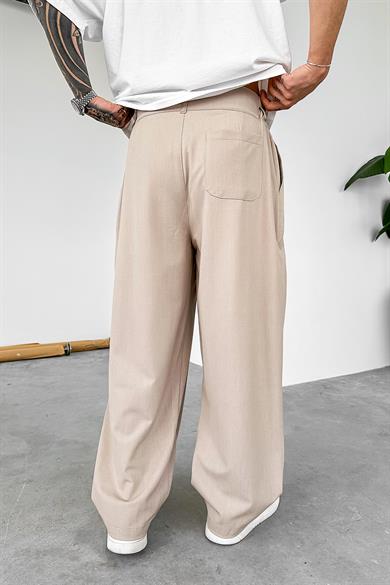 Bej Yüksek Bel Premium Kumaş Baggy Pantolon