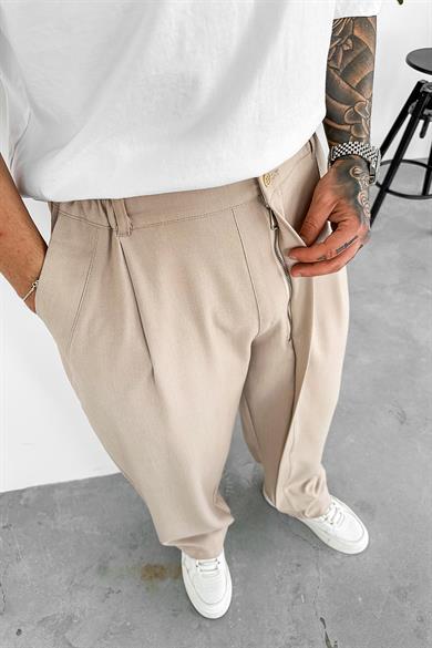 Bej Yüksek Bel Premium Kumaş Baggy Pantolon