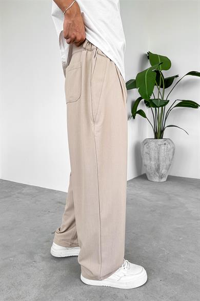 Bej Yüksek Bel Premium Kumaş Baggy Pantolon