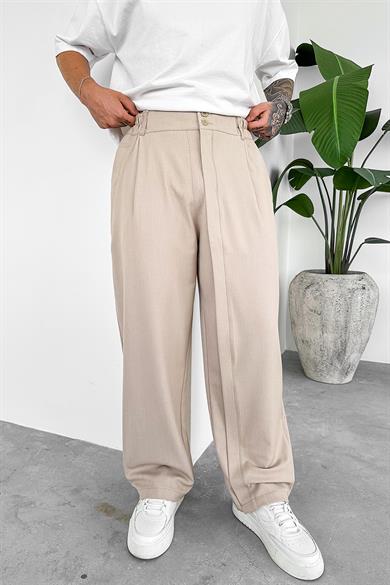 Bej Yüksek Bel Premium Kumaş Baggy Pantolon