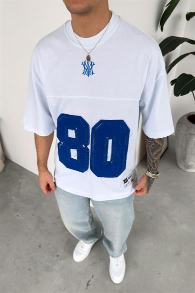 Beyaz 80 Nakışlı Premium Oversize Tişört