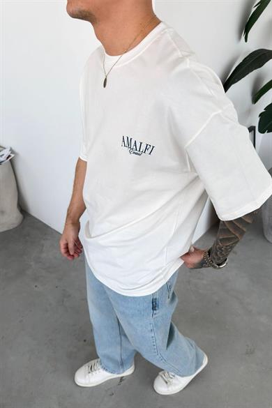 Beyaz Amalfi Baskılı Oversize Tişört