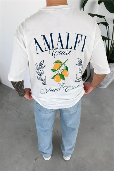 Beyaz Amalfi Baskılı Oversize Tişört