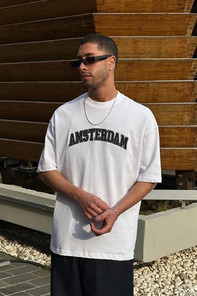 Beyaz Amsterdam Nakış Detay 01 PM Oversize Tişört