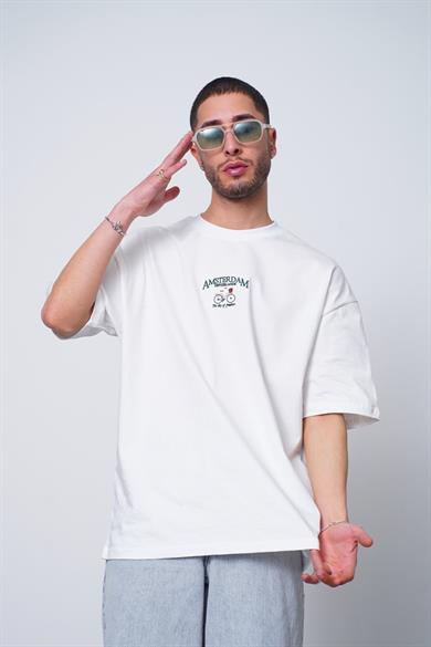 Beyaz Amsterdam Nakış Detay PM Oversize Tişört
