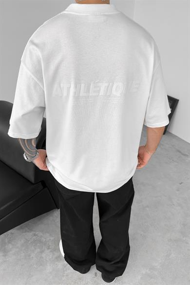 Beyaz Atletique Baskılı Oversize Tişört