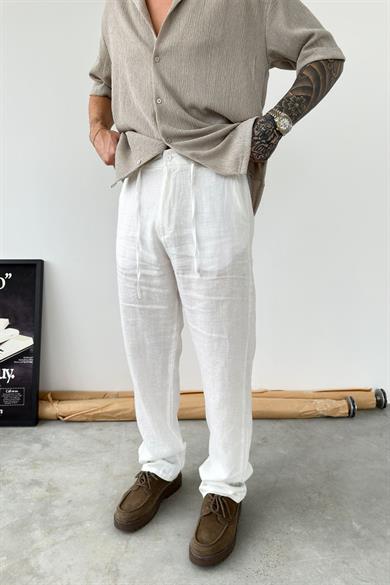 Beyaz Basic Baggy Keten Pantolon