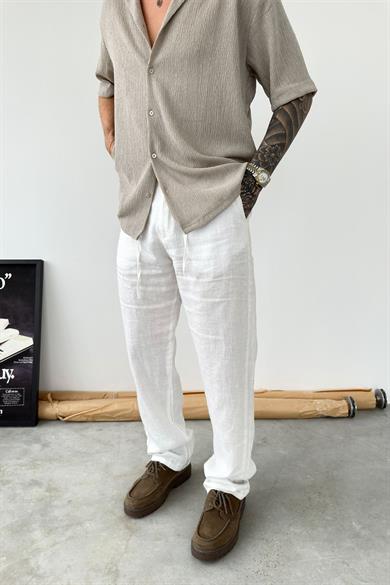 Beyaz Basic Baggy Keten Pantolon