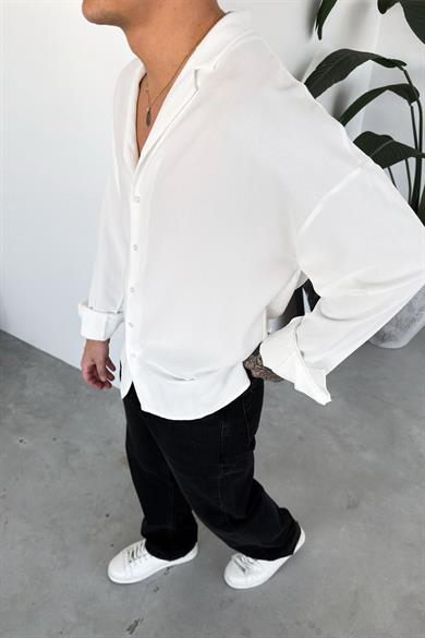 Beyaz Basic Dokulu Relaxed Gömlek