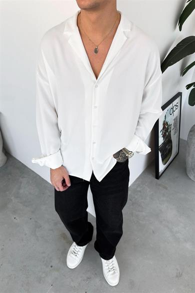 Beyaz Basic Dokulu Relaxed Gömlek