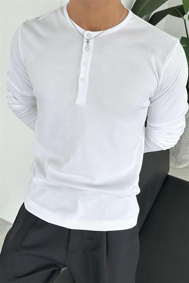Beyaz Basic Fitilli Düğmeli Yaka Relax Fit Uzun Kollu Tişört