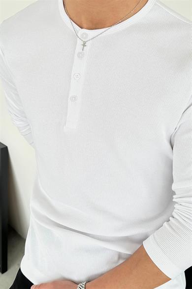 Beyaz Basic Fitilli Düğmeli Yaka Relax Fit Uzun Kollu Tişört