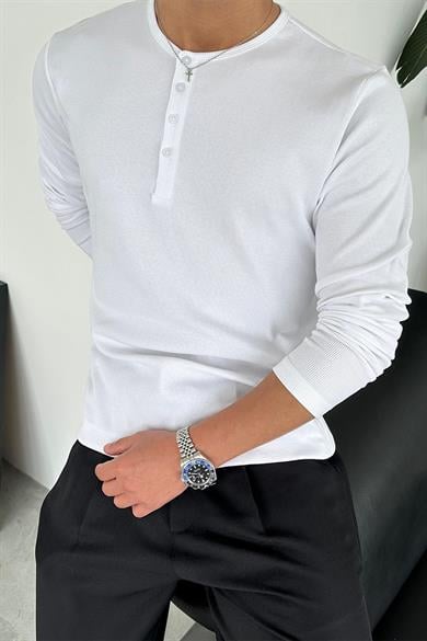 Beyaz Basic Fitilli Düğmeli Yaka Relax Fit Uzun Kollu Tişört