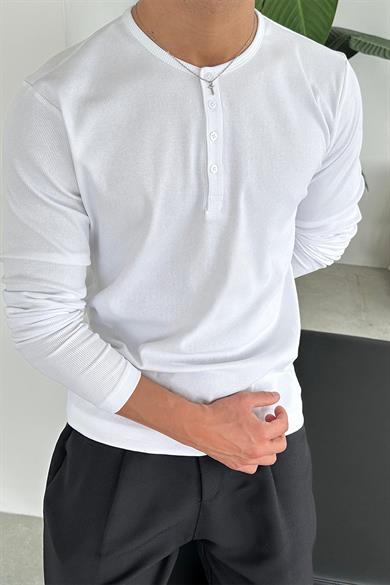 Beyaz Basic Fitilli Düğmeli Yaka Relax Fit Uzun Kollu Tişört