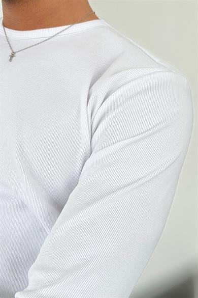 Beyaz Basic Fitilli Relax Fit Uzun Kollu Tişört