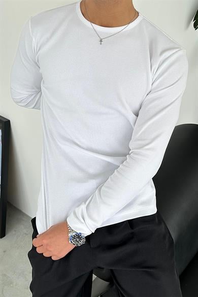 Beyaz Basic Fitilli Relax Fit Uzun Kollu Tişört