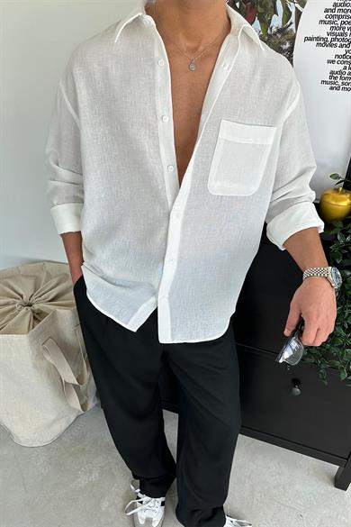 Beyaz Basic Ön Cep Detay Oversize Gömlek
