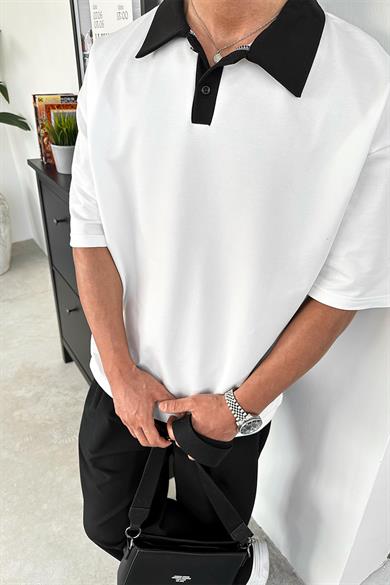 Beyaz Basic Polo Yaka OUTPLENTY PREMİUM Oversize Tişört