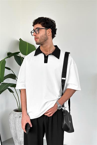 Beyaz Basic Polo Yaka OUTPLENTY PREMİUM Oversize Tişört