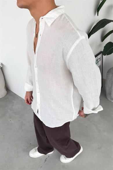 Beyaz Basic Relaxed Ham Keten Gömlek