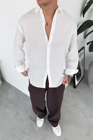 Beyaz Basic Relaxed Ham Keten Gömlek