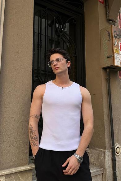 Beyaz Basic Tank Top Full Likralı OP Erkek Atlet Tişört