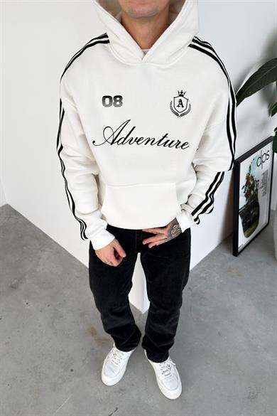 Beyaz Baskılı Şerit Detay Oversize Sweatshirt