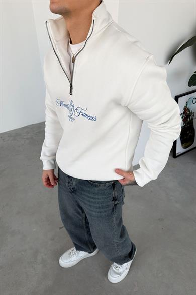 Beyaz Baskılı Yarım Fermuar Oversze Sweatshirt