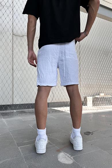 Beyaz Beli İp Detaylı Dokulu Keten DL Relaxed Fit Şort