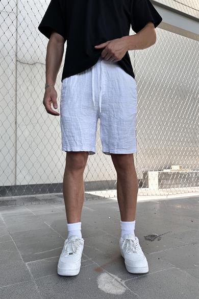 Beyaz Beli İp Detaylı Dokulu Keten DL Relaxed Fit Şort