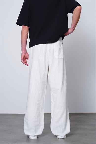 Beyaz Beli İp Detaylı Keten 005 EE Relaxed Pantolon