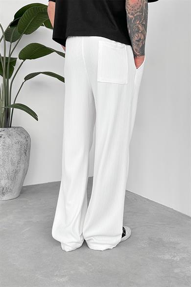 Beyaz Beli Lastikli Fitilli Baggy Pantolon