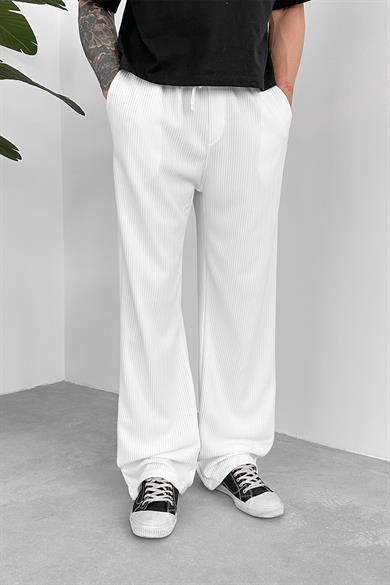 Beyaz Beli Lastikli Fitilli Baggy Pantolon