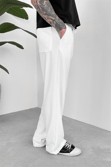 Beyaz Beli Lastikli Fitilli Baggy Pantolon