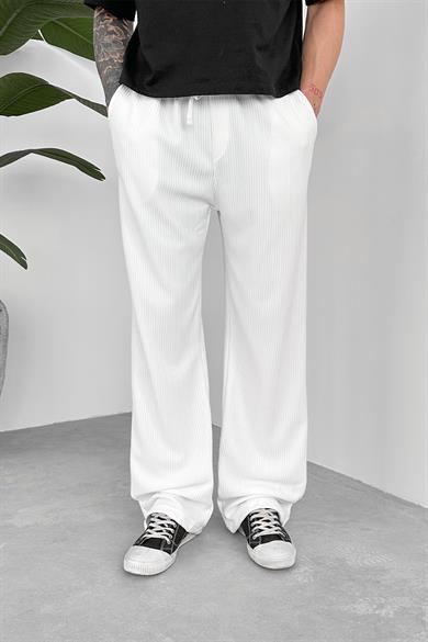 Beyaz Beli Lastikli Fitilli Baggy Pantolon