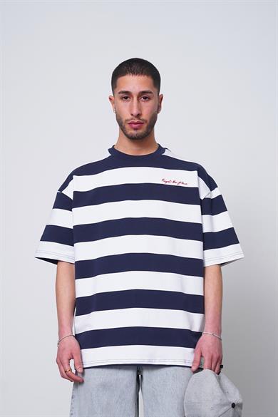Beyaz Beyaz Lacivert Çizgili Forget PM Oversize Tişört