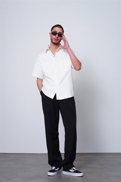Beyaz Beyaz Ön Cep Detay Basic ZA Oversize Gömlek