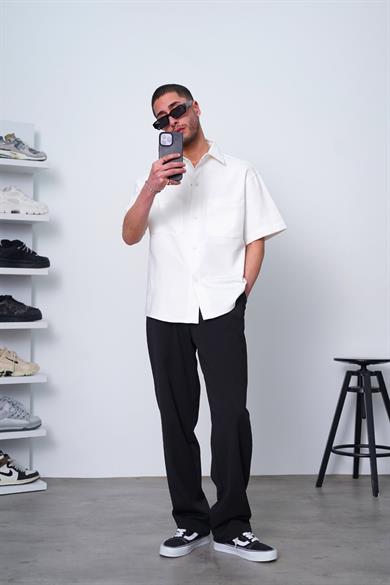 Beyaz Beyaz Ön Cep Detay Basic ZA Oversize Gömlek