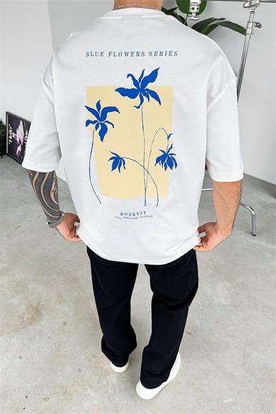 Beyaz Blue Flower Baskılı Oversize Tişört