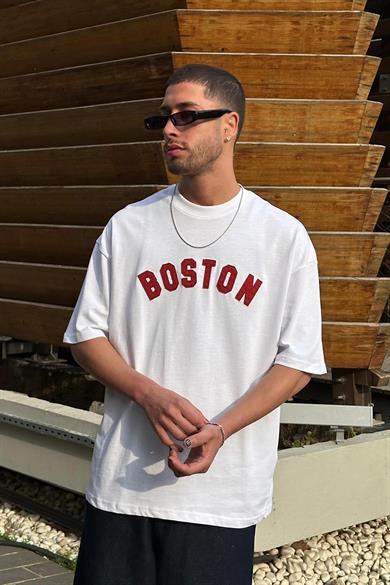 Beyaz Boston Nakış Detay PM Oversize Tişört