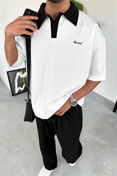 Beyaz Bound Polo Yaka OUTPLENTY PREMİUM Oversize Tişört