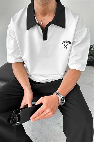 Beyaz California Polo Yaka OUTPLENTY PREMİUM Oversize Tişört
