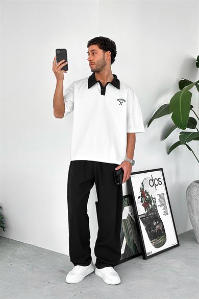 Beyaz California Polo Yaka OUTPLENTY PREMİUM Oversize Tişört