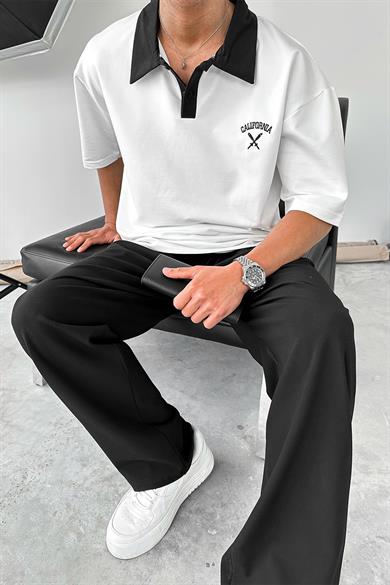 Beyaz California Polo Yaka OUTPLENTY PREMİUM Oversize Tişört