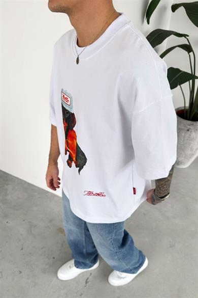 Beyaz Cap Dog Baskılı Premium Oversize Tişört