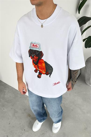 Beyaz Cap Dog Baskılı Premium Oversize Tişört